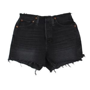RE/DONE Womens Black Raw Waist Cut-Off Logo Denim Shorts